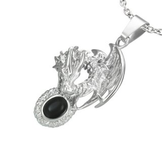 Pendentif acier dragon et agate ovale