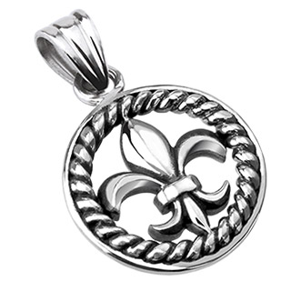 Pendentif acier fleur de Lys  cadre rond style corde