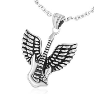 Pendentif acier rock guitare lectrique avec ailes d'ange