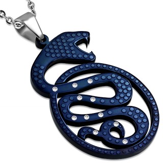 Pendentif acier serpent bleu  pierres claires