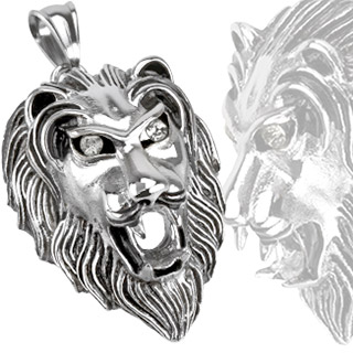 Pendentif acier tte de lion  yeux sertis