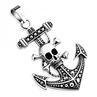 Pendentif ancre de marine pirate avec crane en acier