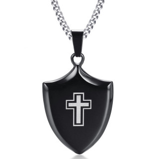 Pendentif bouclier noir  croix latine en acier (avec chaine)