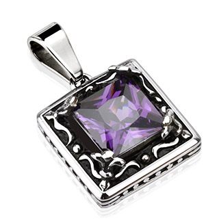 Pendentif femme acier cadre  fleurs de Lys et pierre violette