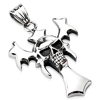 Pendentif gothique acier croix aile  crane encastr