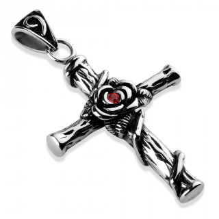 Pendentif homme acier goth-rock croix  rose grimpante