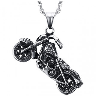 Pendentif moto custom en acier  crane et aile d'ange