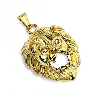 Pendentif tte de lion en acier dor aux yeux sertis