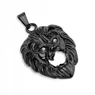 Pendentif tte de lion en acier noir aux yeux sertis