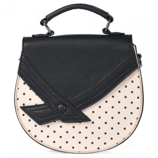 Petit sac besace demi-lune blanc cass  pois noirs avec rabat noir en forme de noeud