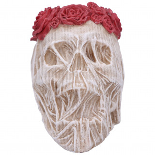 Petite tte de mort dco de marie portant un voile et une couronne de roses (11,5cm)