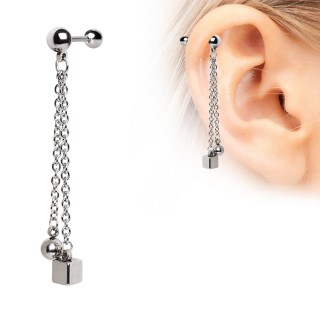 Piercing cartilage acier  boule et cube enchains