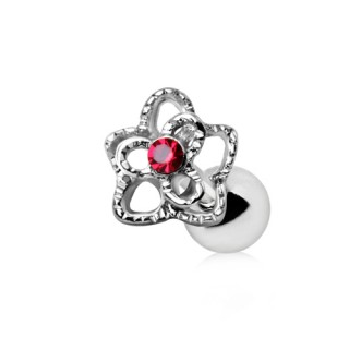 Piercing cartilage tragus hlix  fleur ajoure avec strass rouge