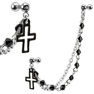 Piercing double tragus/cartillage  chaine et croix noire