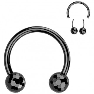 Piercing fer  cheval noir Push-in Titane  boules multi-facettes (septum, hlix, lobe...)