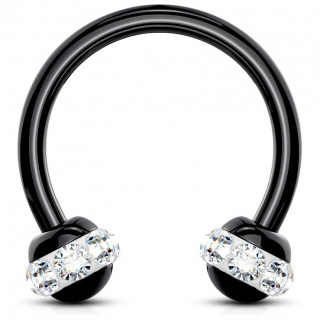 Piercing fer  cheval PVD noir  boules cercles de cristaux - Clair