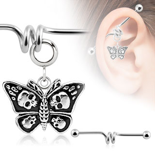 Piercing industriel avec papillon dcor de ttes de mort