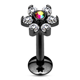 Piercing lvre fleur noir  strass clairs et gemme aurore borale centrale