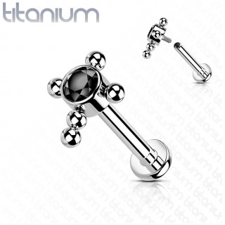 Piercing labret Titane  croix de perles et zirconium - Noir (lvre, hlix...)