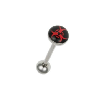 Piercing langue logo biohazard rouge