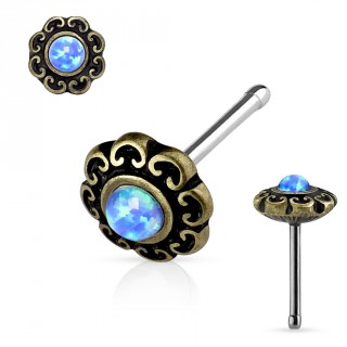 Piercing nez dor antique  coeurs et Opale bleue