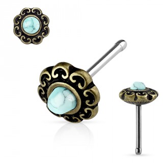 Piercing nez dor antique  coeurs et turquoise