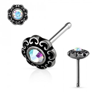 Piercing nez gris patin  coeurs et cristal aurore borale