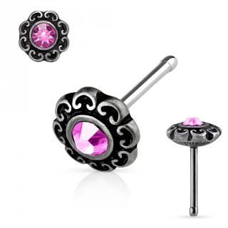 Piercing nez gris patin  coeurs et cristal rose