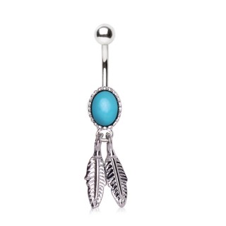 Piercing nombril  turquoise ovale avec duo de plumes