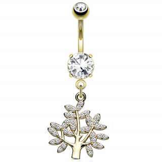 Piercing nombril arbre de vie plaqu or  feuilles strass