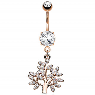 Piercing nombril arbre de vie plaqu or rose  feuilles strass