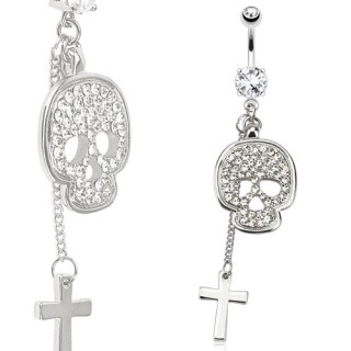 Piercing nombril avec pendentifs croix et tte de mort