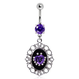 Piercing nombril cadre ornemental avec rose violette