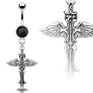 Piercing nombril croix gothique aile et zircon noir