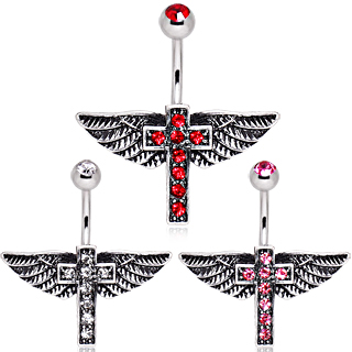 Piercing nombril croix strass à ailes d'ange