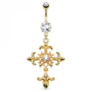 Piercing nombril dor avec croix sertie  fleurs de Lys