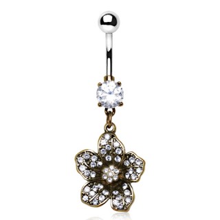 Piercing nombril fleur cuivre style antique pave de pierres