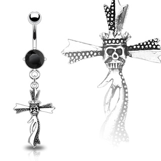 Piercing nombril gothique crane de roi sur croix