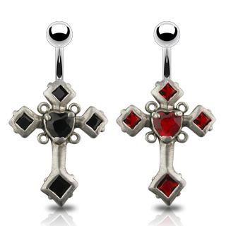 Piercing nombril gothique croix sertie