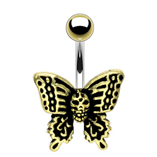 Piercing nombril gothique noir et dor avec crane