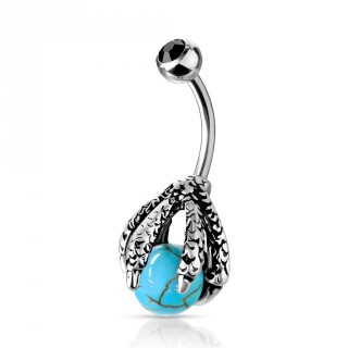 Piercing nombril griffe de dragon serrant une orbe de turquoise