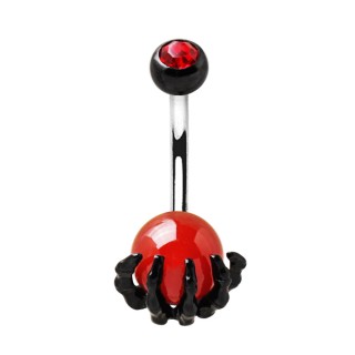 Piercing nombril main squelette noire  orbe de verre rouge