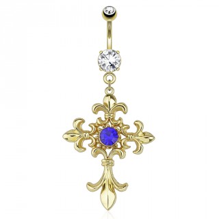 Piercing nombril plaqu or avec croix  fleurs de Lys et pierre bleue