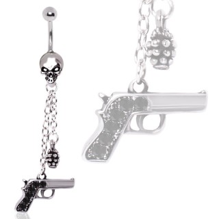 Piercing nombril tte de mort  pendentifs pistolet et grenade