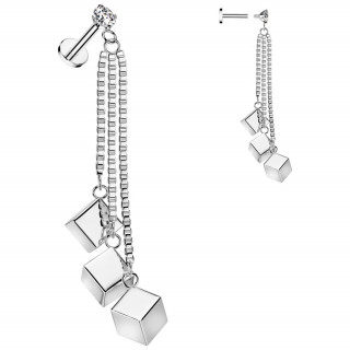 Piercing oreille en acier � trio de cubes suspendus