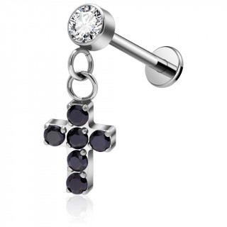 Piercing oreille stud Titane � pendentif croix pav�e de zirconiums noirs (h�lix, tragus, flat..)