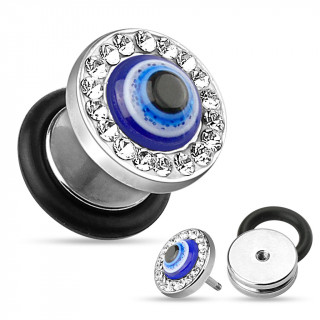 Piercing oreille style faux plug avec oeil de la chance bord de strass