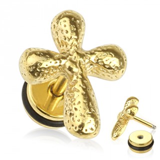 Piercing oreille style faux plug dor avec croix vieillie