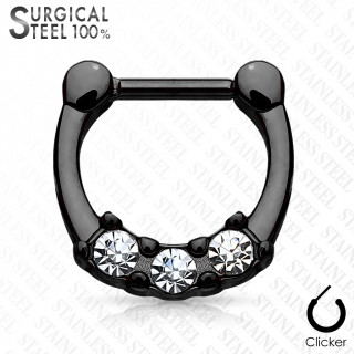 Piercing septum acier noir serti de trois strass clairs