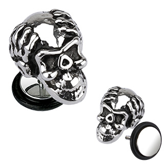 Piercing style faux plug tte de mort et mains